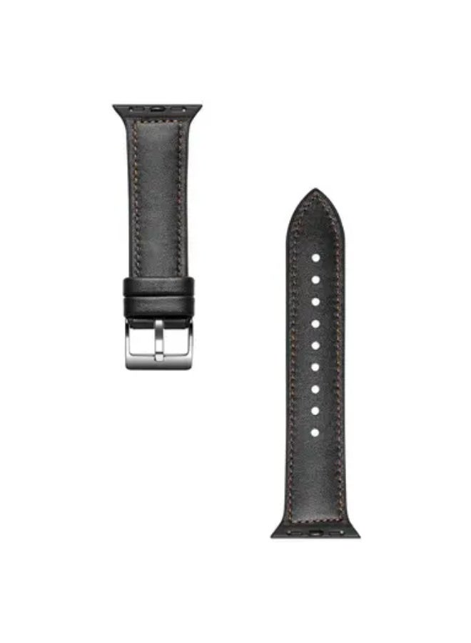 Green Lion Genuine Leather Watch Strap Compatible for Apple Watch 44mm, Fit & Comfortable Replacement Wrist Band, Adjustable Straps - Black - Image 2