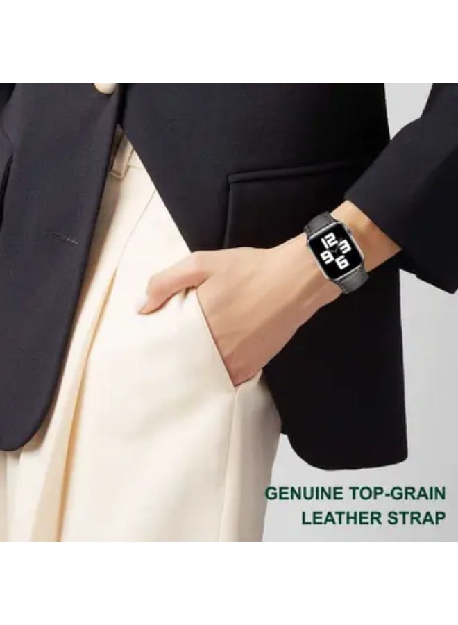 Green Lion Genuine Leather Watch Strap Compatible for Apple Watch 44mm, Fit & Comfortable Replacement Wrist Band, Adjustable Straps - Black - Image 5