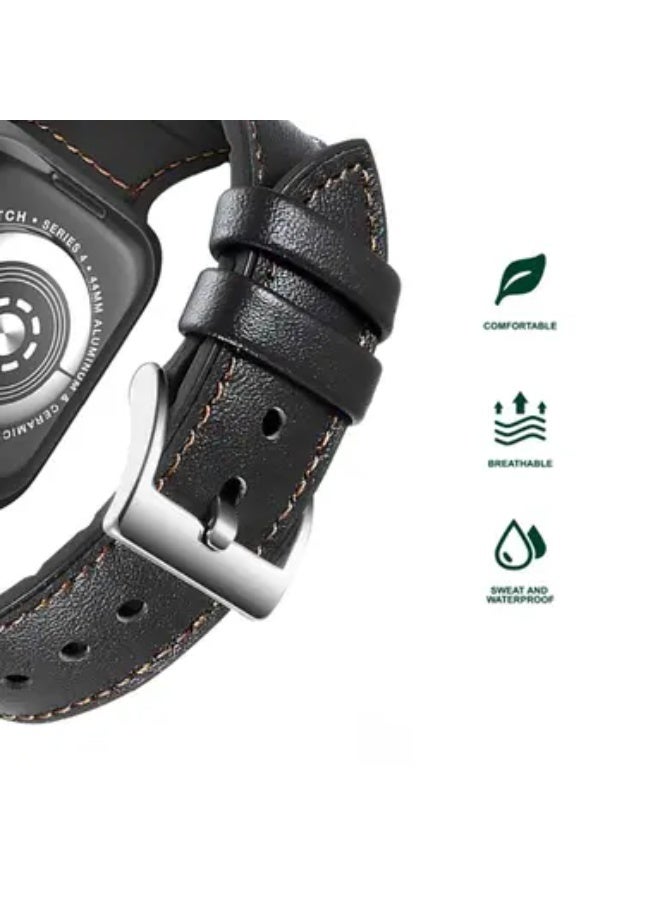 Green Lion Genuine Leather Watch Strap Compatible for Apple Watch 44mm, Fit & Comfortable Replacement Wrist Band, Adjustable Straps - Black - Image 3