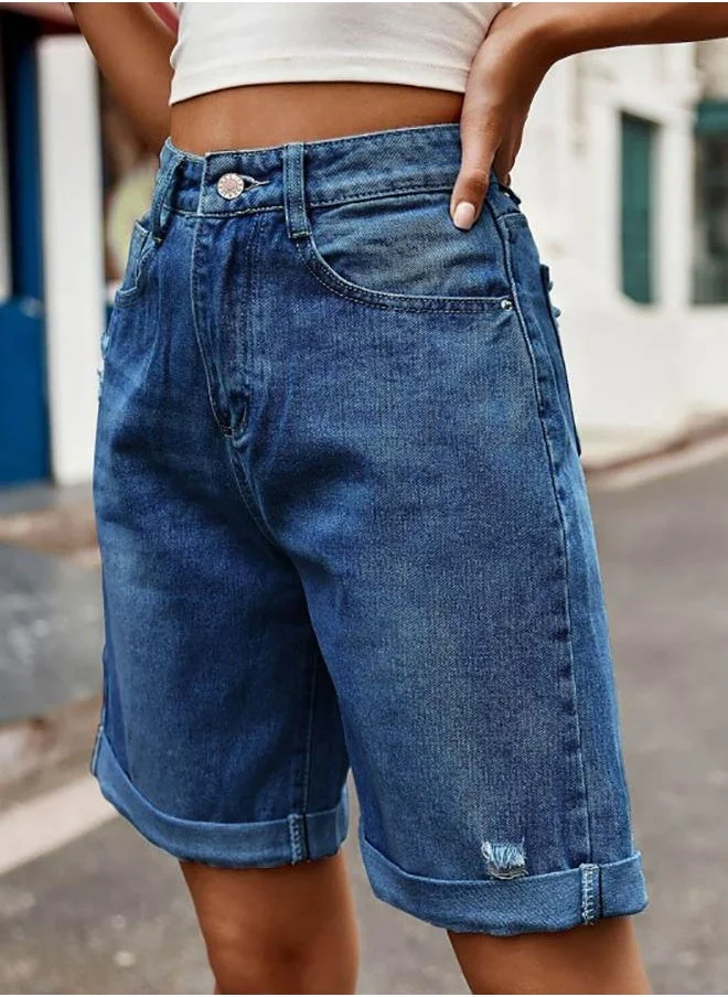 YUNIQEE Blue Solid Denim Shorts