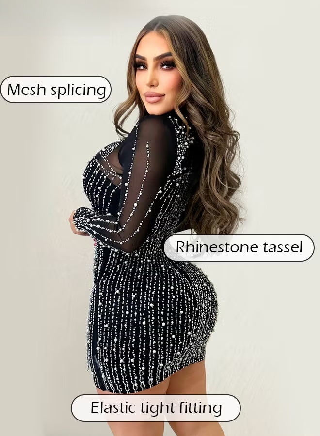 أزياء اللؤلؤ حجر الراين اللباس النساء حزب شرابة شبكة غطاء الورك Bodycon اللباس - Image 4