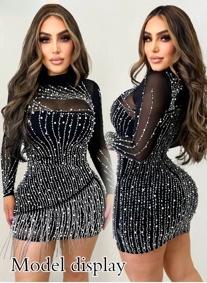 أزياء اللؤلؤ حجر الراين اللباس النساء حزب شرابة شبكة غطاء الورك Bodycon اللباس - Image 1