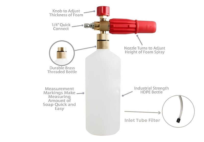 FT Tools Plastic Heavy Duty Professional Foam Cannon Snow Lance 1L Bottle with 14 Quick Connector for Pressure Washer - Image 3
