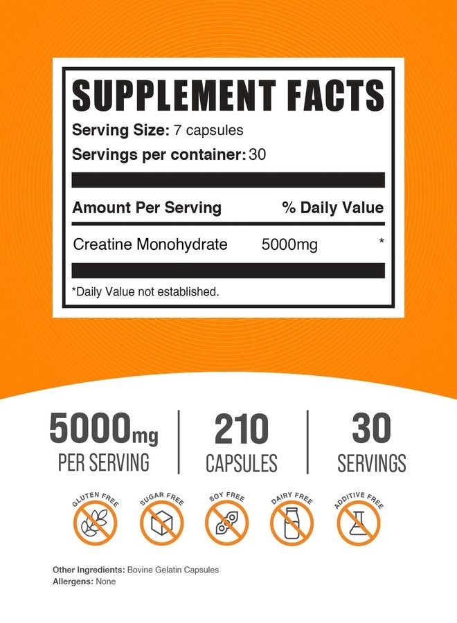 BulkSupplements.com Creatine Monohydrate Capsules - Micronized Creatine Monohydrate, Sports Nutrition - 7 Capsules per Serving, 5000mg, Gluten Free, 210 Count (Pack of 1) - Image 2