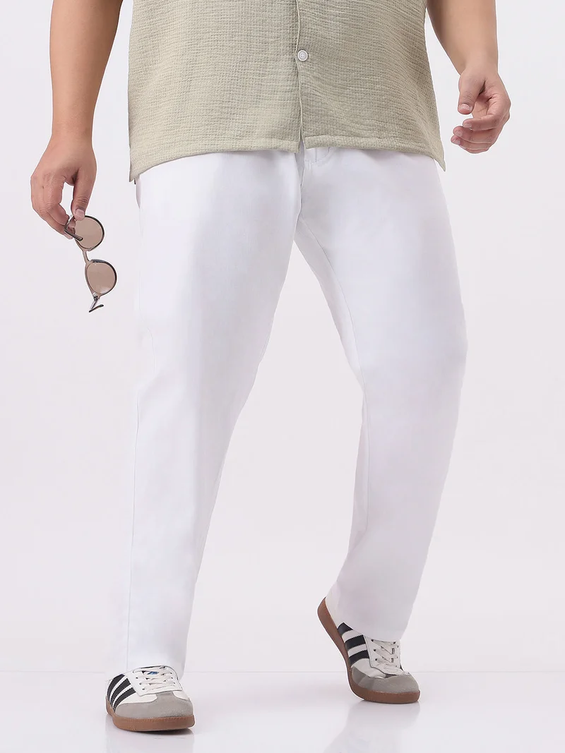 Urbano Plus Men's White Cotton Regular Fit Casual Chinos Trousers Stretch