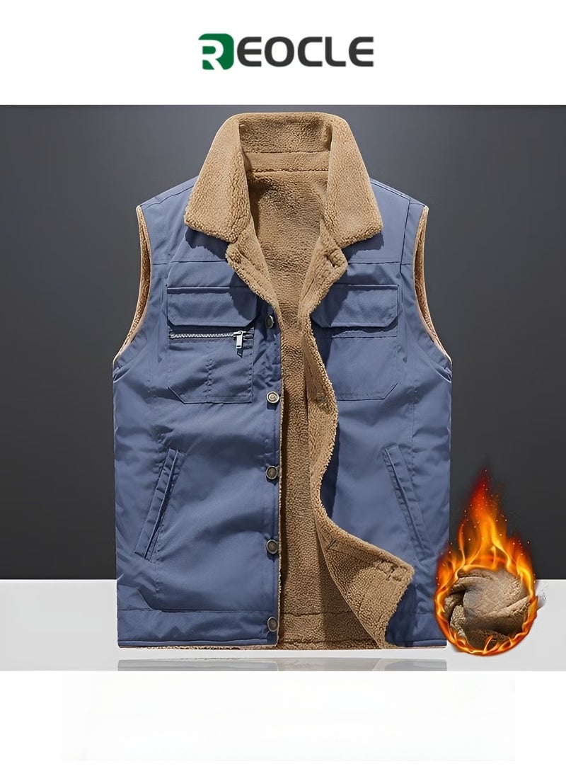 REOCLE Men's Puffer Vest Winter Warm Outdoor Padded Puffer Vest Thick Fleece Lined Sleeveless Jacket Casual Jacket with Standing Collar - Image 1