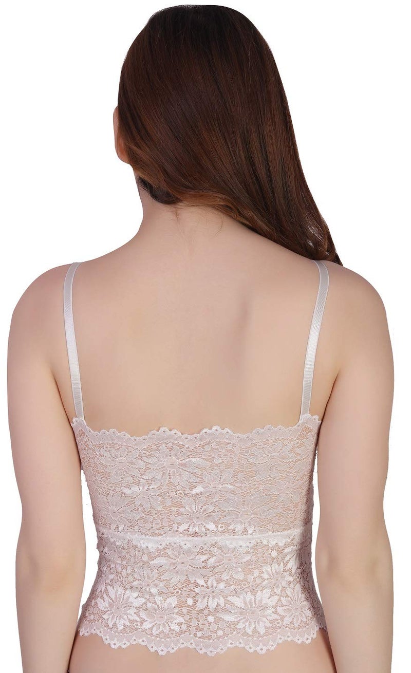 PLUMBURY® Women’s Padded V-Neck Lace Bralette Bra Camisole Crop Top, White, Free Size - Image 2