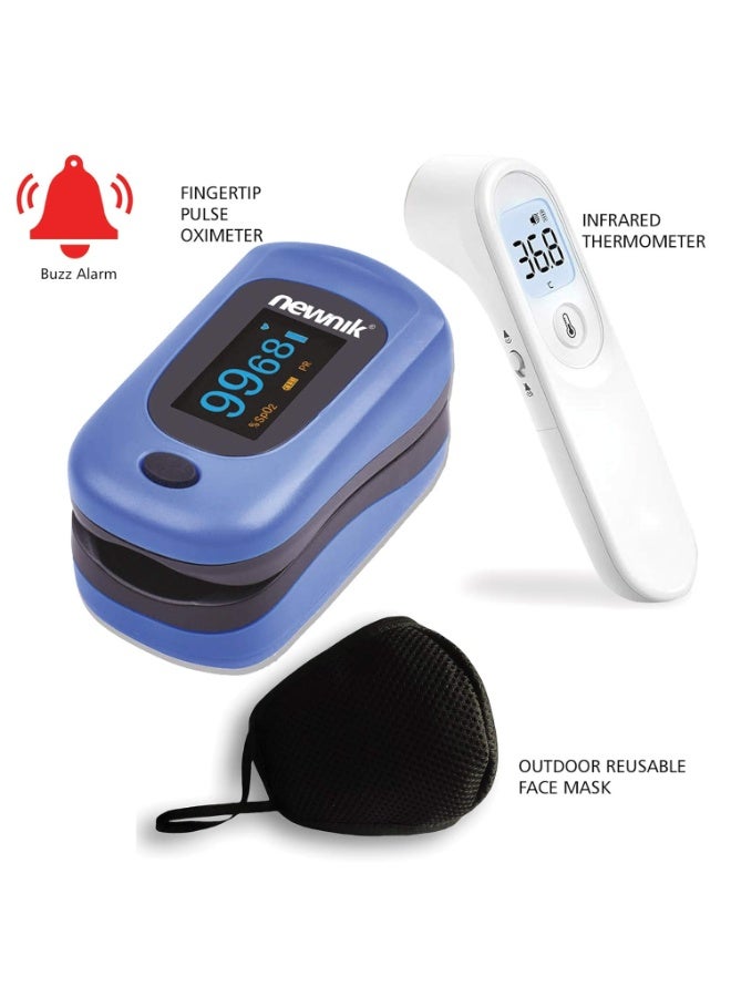 نيونيك مجموعة متابعة الصحة – جهاز قياس الأكسجين Newnik، ميزان حرارة بالأشعة تحت الحمراء Yuwell، وقناع خارجي متعدد الاستخدام للحماية اليومية - Image 3