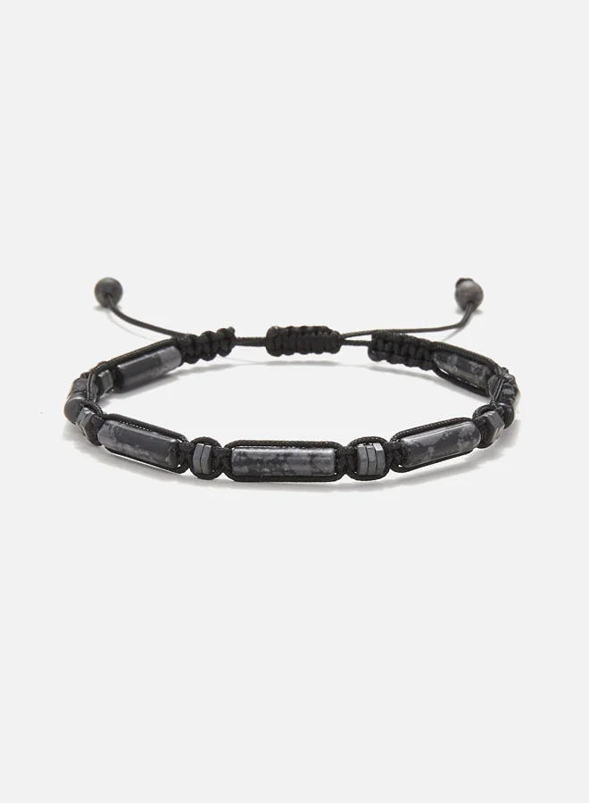 CHRYSOSTOMOS Handmade Beaded Bracelet for Men with Knitted Design and Grey Larvikite