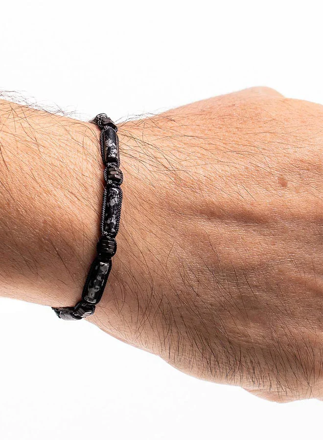 CHRYSOSTOMOS Handmade Beaded Bracelet for Men with Knitted Design and Grey Larvikite