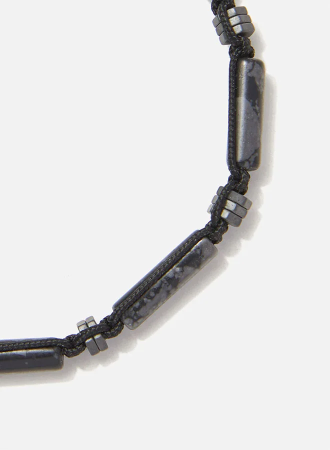 CHRYSOSTOMOS Handmade Beaded Bracelet for Men with Knitted Design and Grey Larvikite