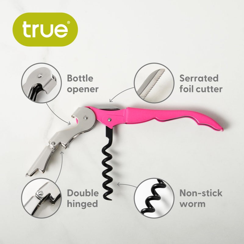 True Brands TrueTap Double Hinged Waiters Corkscrew, Top-notch Stainless Steel Opener with Foil Cutter Built to Last Wine Key Pink, Set of 1 - Image 2