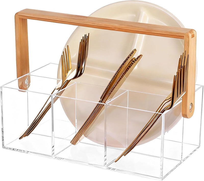 9.44X5.23X7.28 In Acrylic Cutlery Caddy With Wood Handle, 4-Compartment Silverware Organizer For Kitchen Picnics And Parties - Image 1
