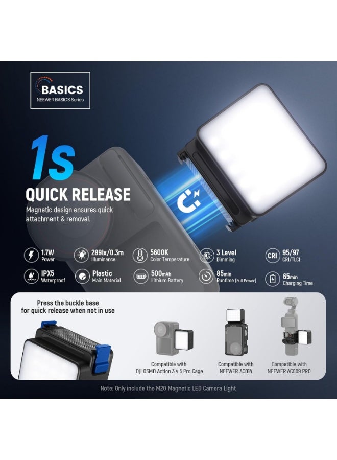 NEEWER Basics M20 Magnetic LED Camera Light Compatible with DJI OSMO Action 3 4 5 Pro Cage NEEWER AC009 PRO Pocket 3 Accessories Expansion Adapter, Plastic Mini Fill Light Attachment 5600K CRI95+ - Image 3