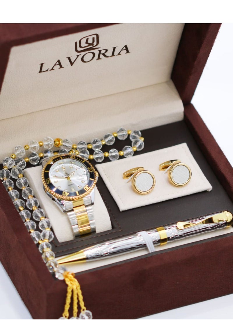 LAVORIA Laforea watch gift set for men consisting of 4 pieces, a rosary watch, a pen and a set of buttons 