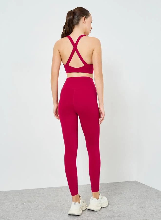 Styli Active Women Red Back Cross Strap Bra and Leggings Set