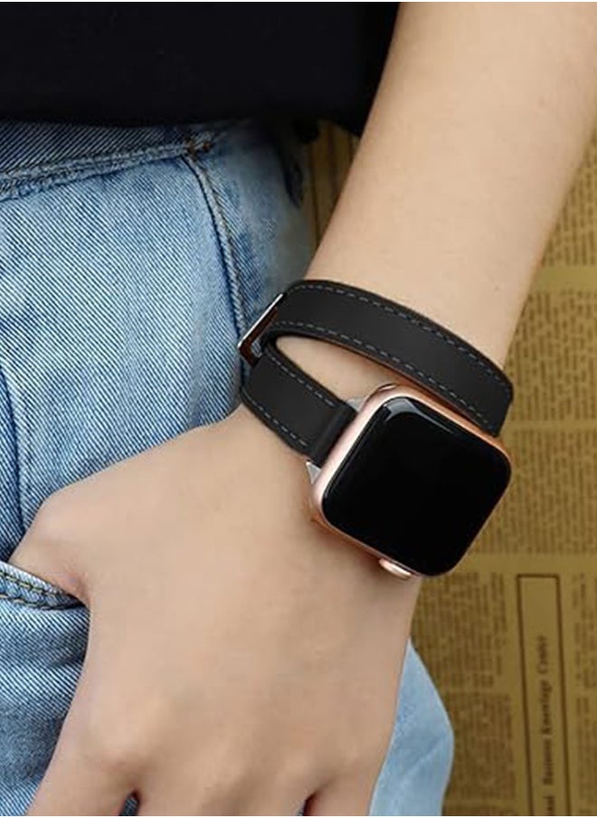 Charlam Double Loop Genuine Leather Strap For IWatch Series 8/7/6/SE/Ultra/5/4/3/2/1, Apple Watch Strap 38mm 40mm 41mm Women's Men's Strap Slim Waist Leather Wristband  - Image 3
