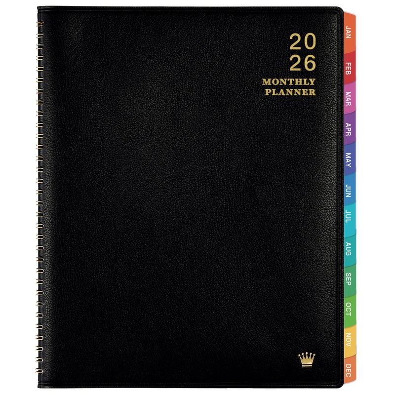 MaaIbok 2026 Monthly Planner/Calendar - Jan 2026 - Dec 2026, Monthly Planner 2026, 12 Months, Faux Leather, 8.86" x 11.4", 15 Notes Pages, Strong Twin - Wire Binding, Tabs, Perfect Organizer - Black - Image 1