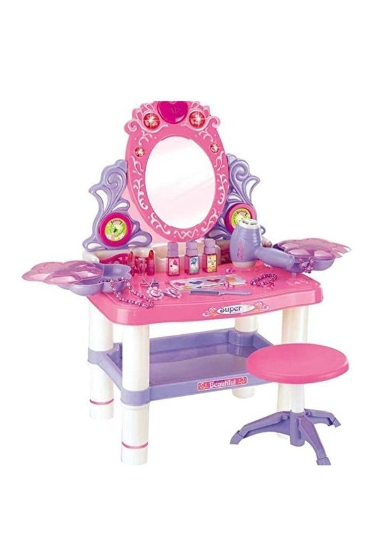 Toy Vanity Table Makeup Dressing Table Toy Playset, Pretend Play Makeup FUN DAY Kit Toy Vanity with Mirror Lipstick Hair Dryer Jewelry and Chair for Kids Girls  - Image 1