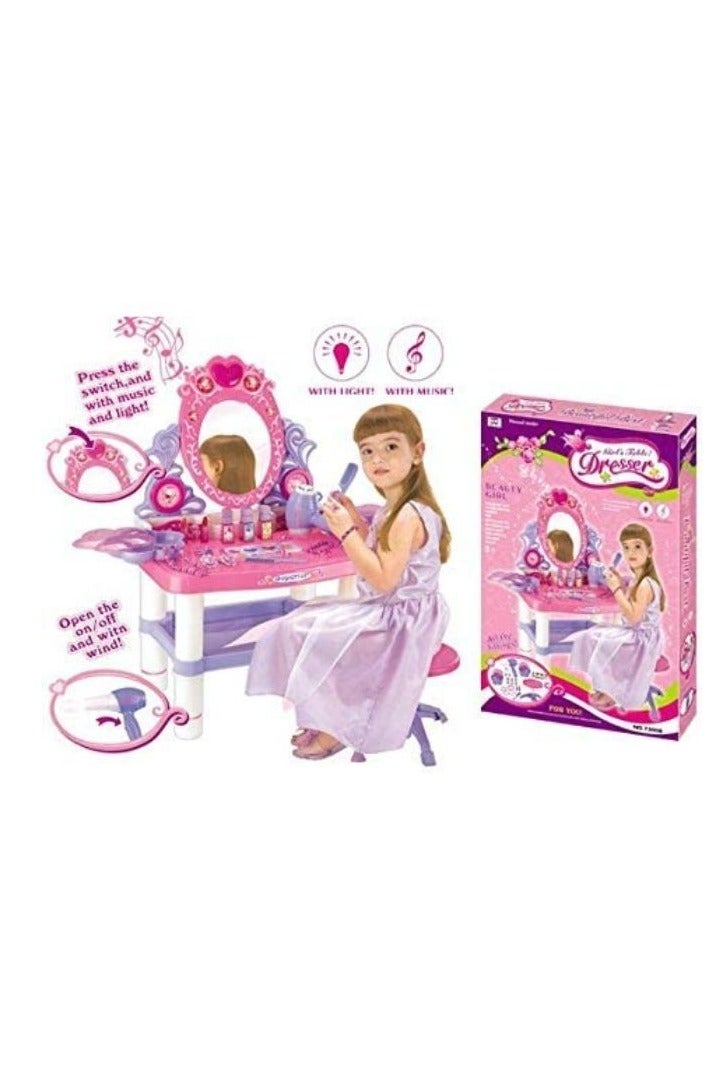 Toy Vanity Table Makeup Dressing Table Toy Playset, Pretend Play Makeup FUN DAY Kit Toy Vanity with Mirror Lipstick Hair Dryer Jewelry and Chair for Kids Girls  - Image 2
