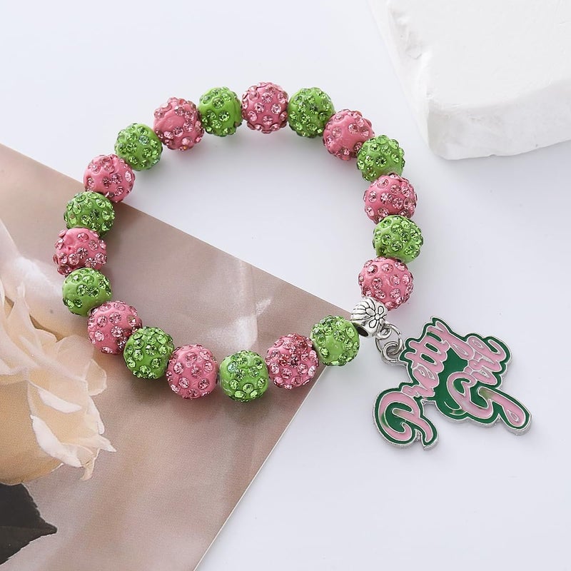 HUSURU Graduation Sorority Gift for Women Greek Sorority Paraphernalia Bracelet Pretty Alpha Charm Bracelet Pink and Green Jewelry Sisterhood Gift - Image 2