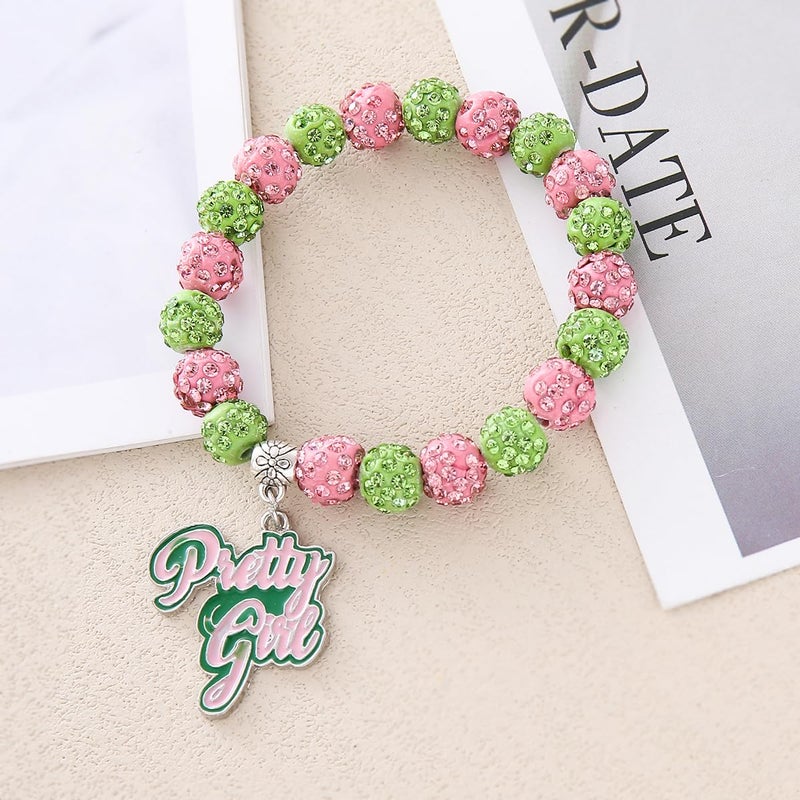 HUSURU Graduation Sorority Gift for Women Greek Sorority Paraphernalia Bracelet Pretty Alpha Charm Bracelet Pink and Green Jewelry Sisterhood Gift - Image 5