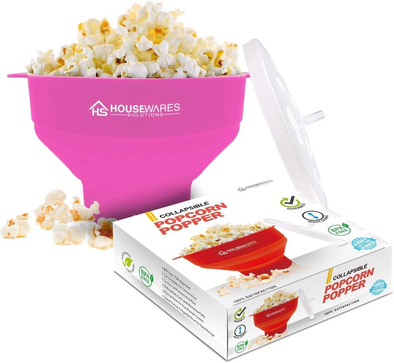 Collapsible Silicone Microwave Hot Air Popcorn Popper Bowl With Lid and Handles Pink