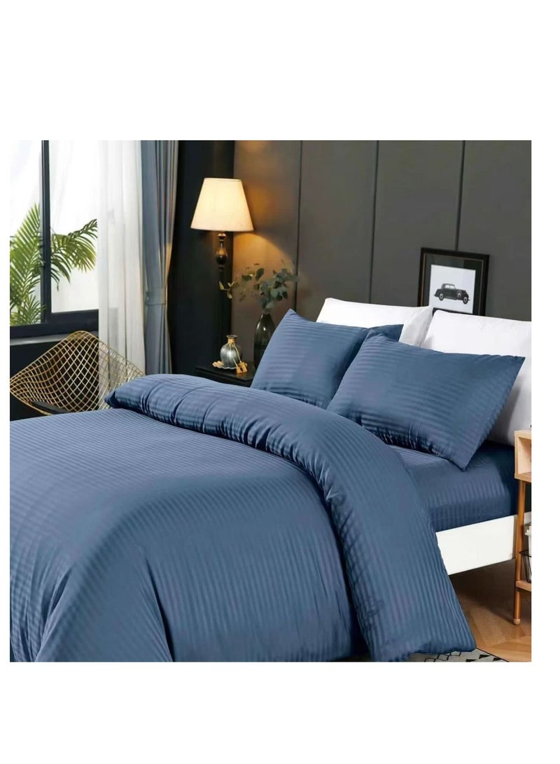 BAIG Stripe 6-Piece  King Size, fixed Duvet Set, Fitted bedsheet 4Pcs Pillowcases - Comforter 220x240cm blue 
