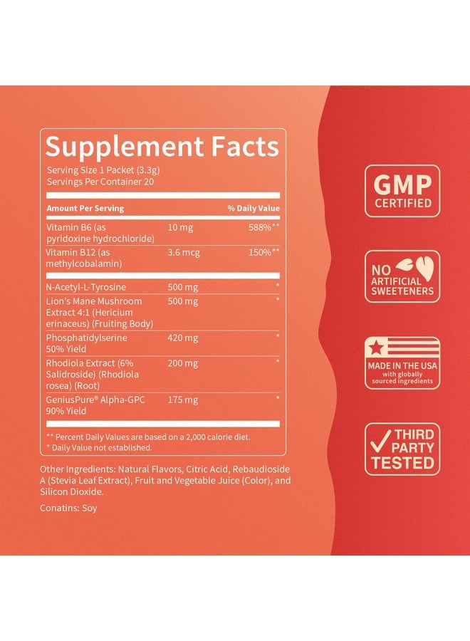 Nello SuperFocus Focus Drink Mix - Fruit Punch Flavor - Alpha GPC, Lion’s Mane, Rhodiola & N-Acetyl L-Tyrosine - Sugar-Free, On-the-Go Packets - 20 Servings - Image 4