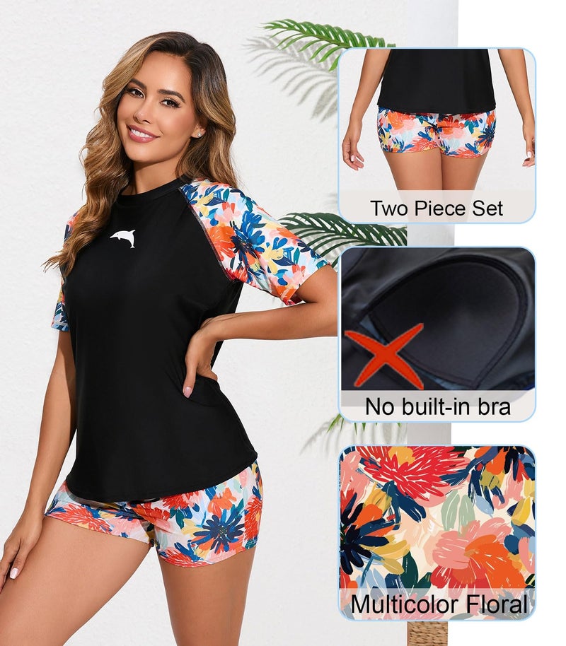 Halcurt Women Rash Guard Shirt and Shorts 2 Pc Bathing Suit Short Sleeve Swimwear Set Floral L - Image 2