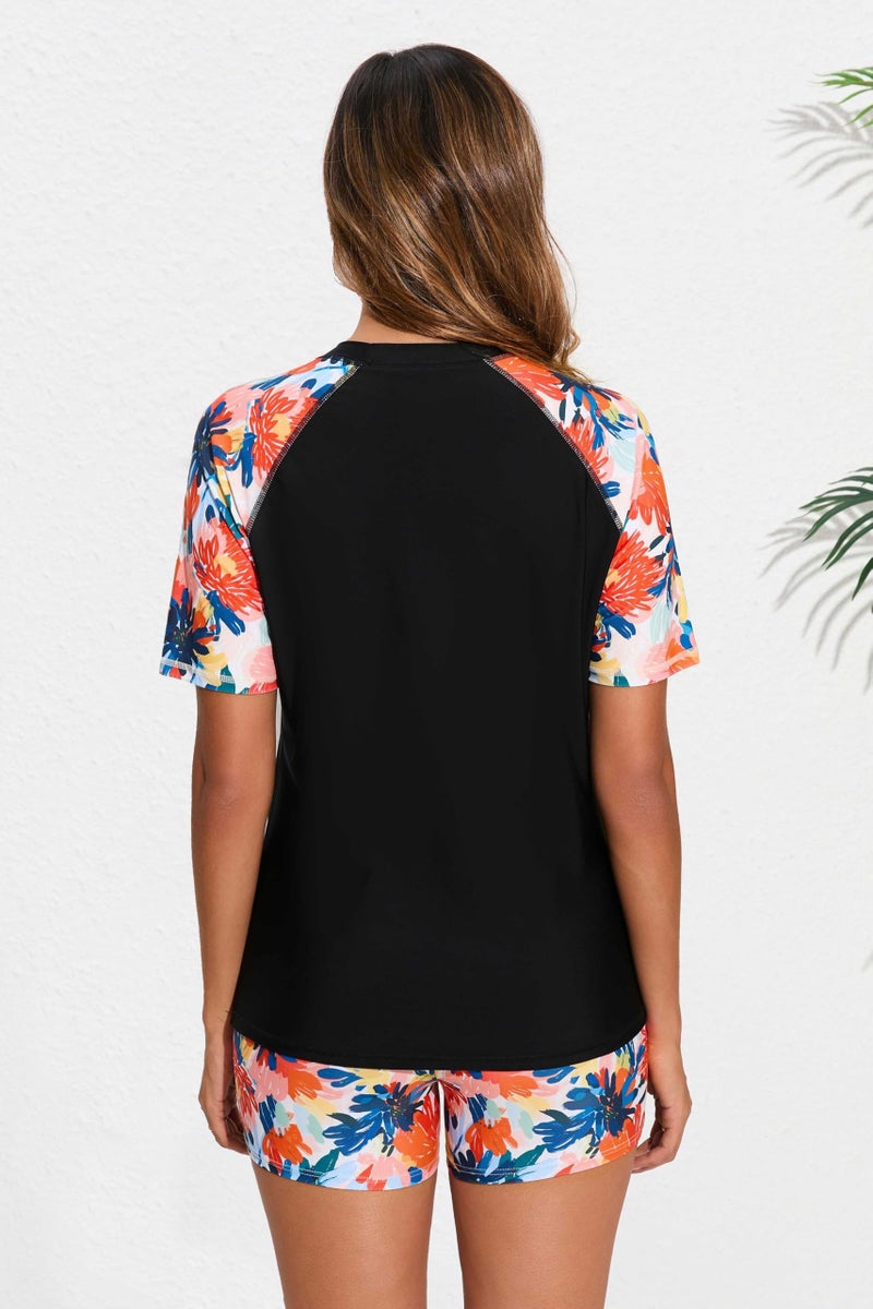 Halcurt Women Rash Guard Shirt and Shorts 2 Pc Bathing Suit Short Sleeve Swimwear Set Floral L - Image 4