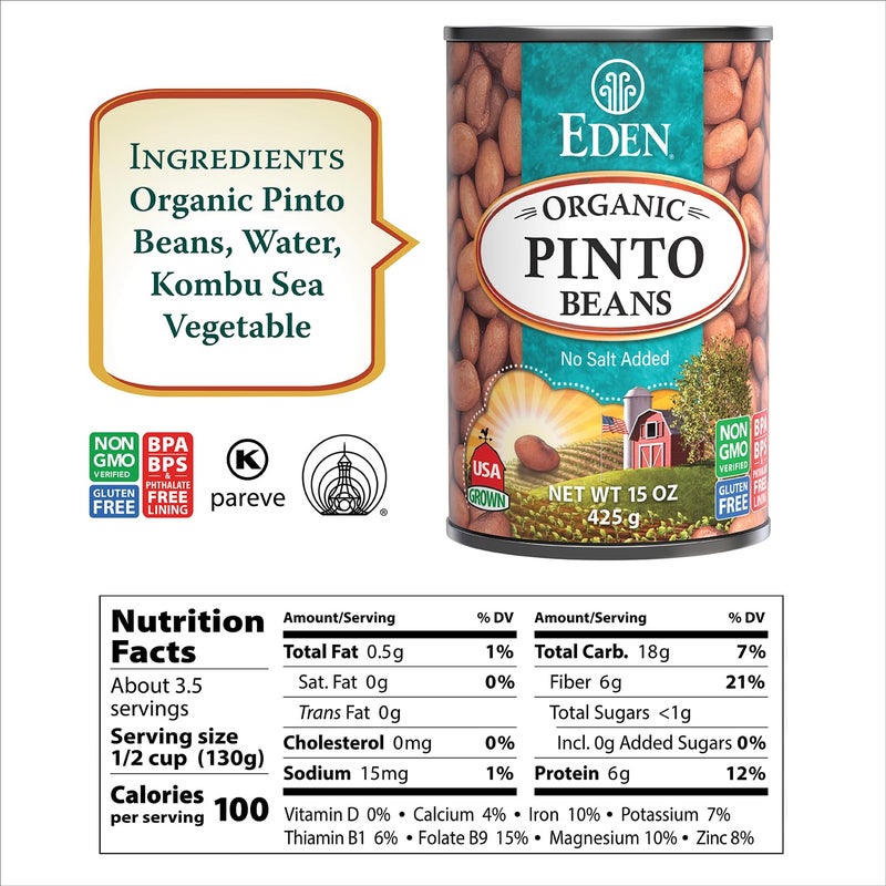 Eden Organic Pinto Beans, 15 oz Can (12-Pack), No Salt Added, Non-GMO, Gluten Free, Vegan, Kosher, U.S. Grown, Heat and Serve, Macrobiotic, Frijol Pinto - Image 2