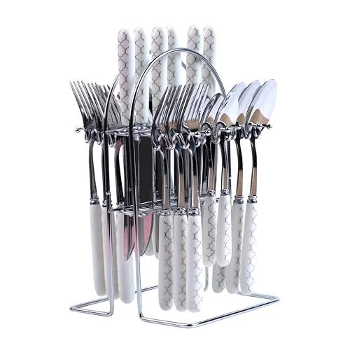 MGeezz Stainless Steel Spoons, Forks & Knives Set of 24 with Stand and Ceramic Handle (Block Print) - Image 1