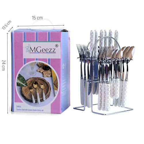 MGeezz Stainless Steel Spoons, Forks & Knives Set of 24 with Stand and Ceramic Handle (Block Print) - Image 5