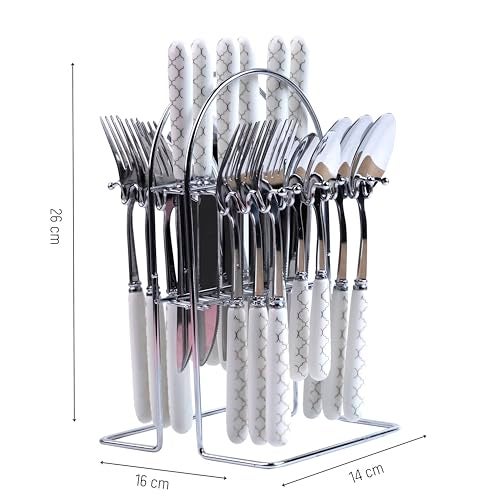 MGeezz Stainless Steel Spoons, Forks & Knives Set of 24 with Stand and Ceramic Handle (Block Print) - Image 3