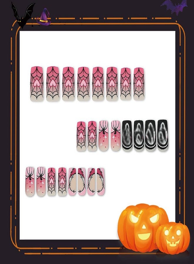 Tyemp Halloween Coffin Press on Nails Medium Square Ghost Fake Nails Pink Black Pumpkin Spider Web Ghost Designs Acrylic False Nails Full Cover Halloween Nail Tips Coffin Nails Matte for Women Girls 24Pcs - Image 4