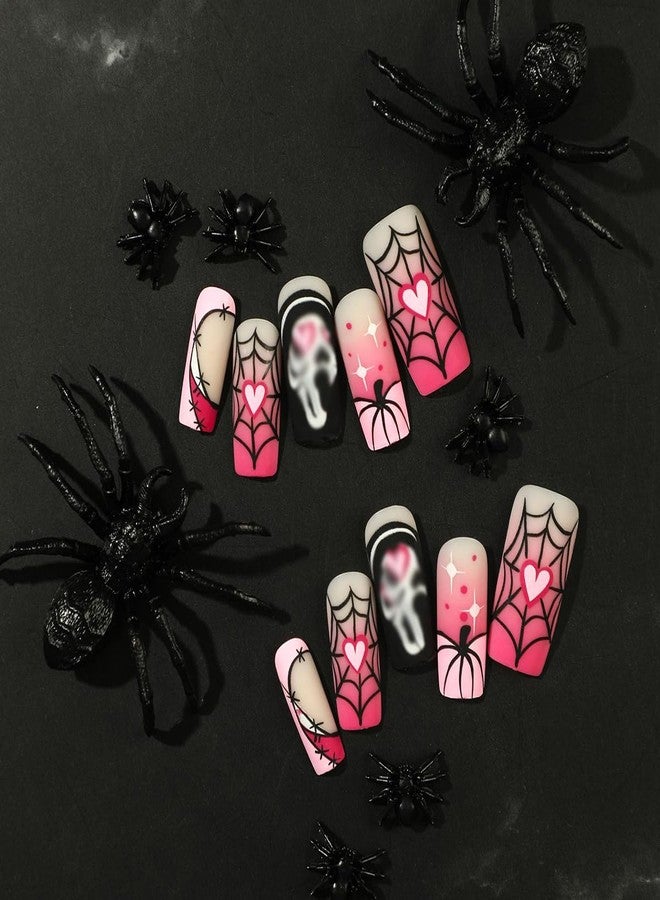 Tyemp Halloween Coffin Press on Nails Medium Square Ghost Fake Nails Pink Black Pumpkin Spider Web Ghost Designs Acrylic False Nails Full Cover Halloween Nail Tips Coffin Nails Matte for Women Girls 24Pcs - Image 2