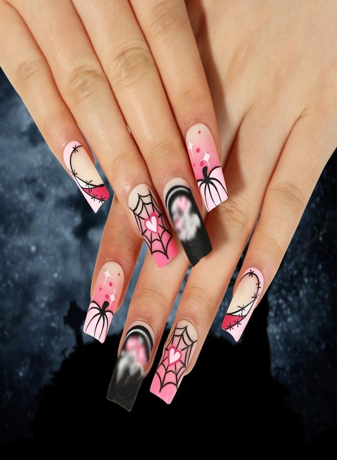 Tyemp Halloween Coffin Press on Nails Medium Square Ghost Fake Nails Pink Black Pumpkin Spider Web Ghost Designs Acrylic False Nails Full Cover Halloween Nail Tips Coffin Nails Matte for Women Girls 24Pcs - Image 1