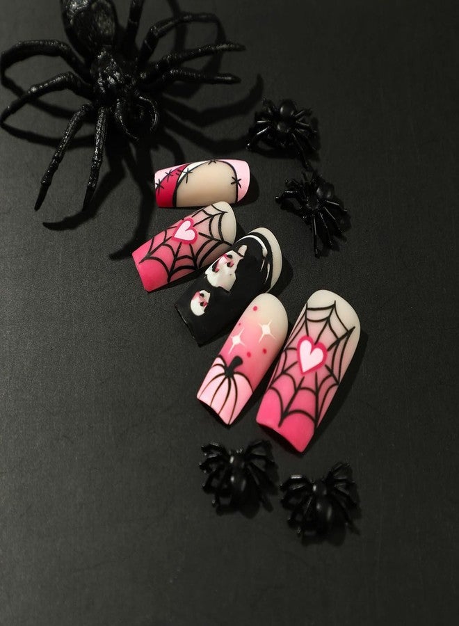 Tyemp Halloween Coffin Press on Nails Medium Square Ghost Fake Nails Pink Black Pumpkin Spider Web Ghost Designs Acrylic False Nails Full Cover Halloween Nail Tips Coffin Nails Matte for Women Girls 24Pcs - Image 3