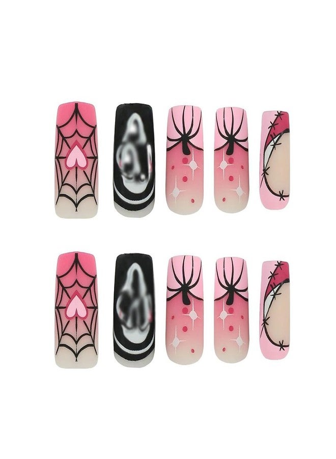 Tyemp Halloween Coffin Press on Nails Medium Square Ghost Fake Nails Pink Black Pumpkin Spider Web Ghost Designs Acrylic False Nails Full Cover Halloween Nail Tips Coffin Nails Matte for Women Girls 24Pcs - Image 5