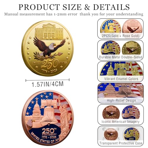 BADAO 2PCS 250th Anniversary Commemorative CoinsAmerican FlagLiberty Bell Design Collectible Coins250th Birthday157Inch Durable Metal Anniversary Coins for DisplayCollectorsGift IdeaPatriotic Design - Image 5