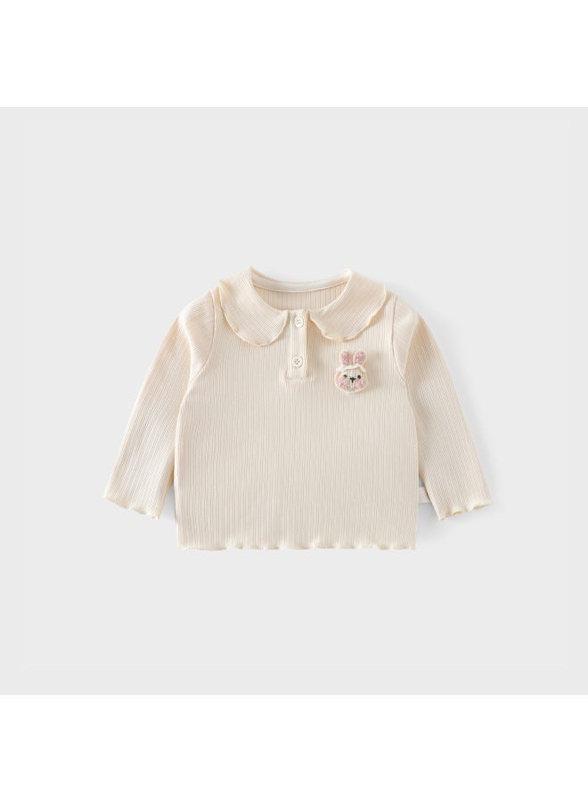 Girls' Cute Base Shirt With Small Left And Right Details, Autumn Korean Style Doll Collar T-shirt, Children's 3d Bunny Top