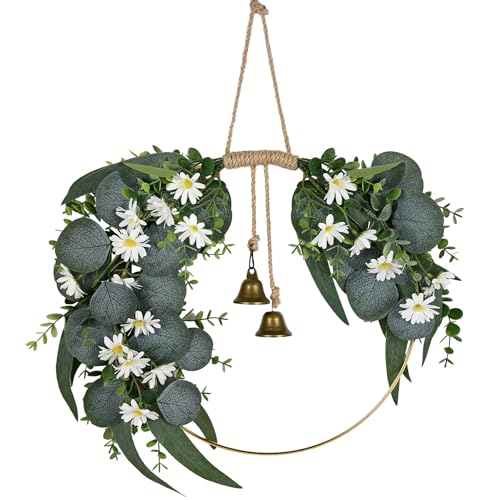 Kuabiz Spring Eucalyptus Wreath for Front Door 15.7" Artificial Spring Greenery Wreath with Olive Leaves Daisy Flower Summer Wreaths All Season for Farmhouse Porch Window Hanging Wall Home Decor - Image 1