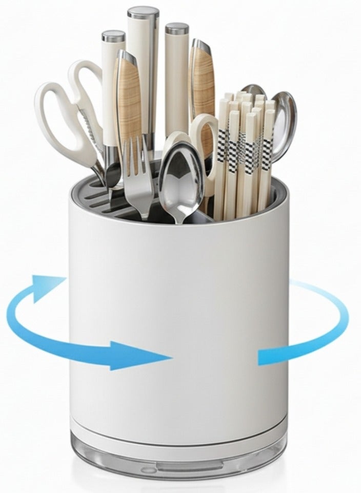 LL Universal Space-Saving Knife Block Organizer with Multi-Slot Design – Rust-Proof Plastic Cutlery Holder with Drain Tray & Dedicated Scissor Slot, Countertop Storage Rack for Knives, Forks, Spoons, Chopsticks – White & Gray - Image 1