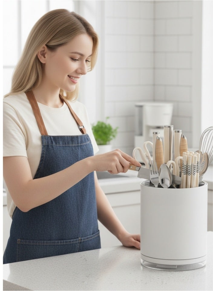 LL Universal Space-Saving Knife Block Organizer with Multi-Slot Design – Rust-Proof Plastic Cutlery Holder with Drain Tray & Dedicated Scissor Slot, Countertop Storage Rack for Knives, Forks, Spoons, Chopsticks – White & Gray - Image 2
