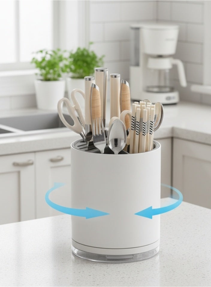 LL Universal Space-Saving Knife Block Organizer with Multi-Slot Design – Rust-Proof Plastic Cutlery Holder with Drain Tray & Dedicated Scissor Slot, Countertop Storage Rack for Knives, Forks, Spoons, Chopsticks – White & Gray - Image 3