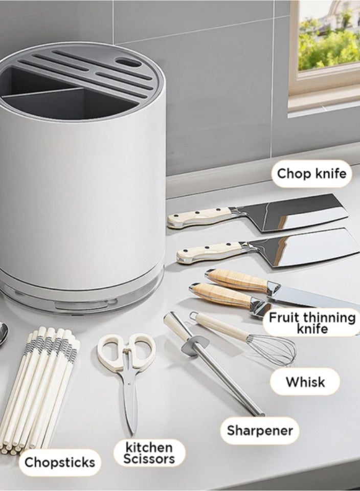 LL Universal Space-Saving Knife Block Organizer with Multi-Slot Design – Rust-Proof Plastic Cutlery Holder with Drain Tray & Dedicated Scissor Slot, Countertop Storage Rack for Knives, Forks, Spoons, Chopsticks – White & Gray - Image 5