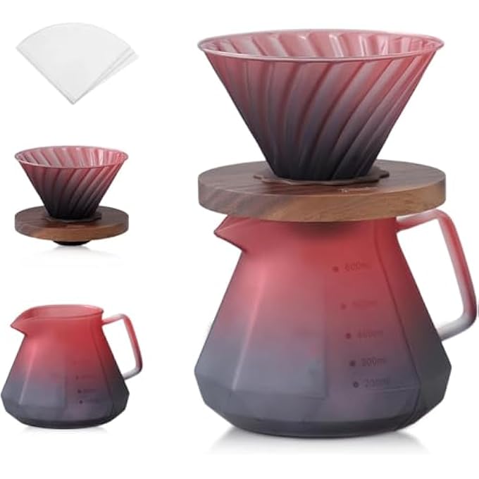 كاست ويف مجموعة ماكينة تحضير القهوة من البورسليكات مع مقبض أنيق من خشب الجوز وغطاء زجاجي يتضمن 50 فلترًا ورقيًا V60 للتخمير - Image 1