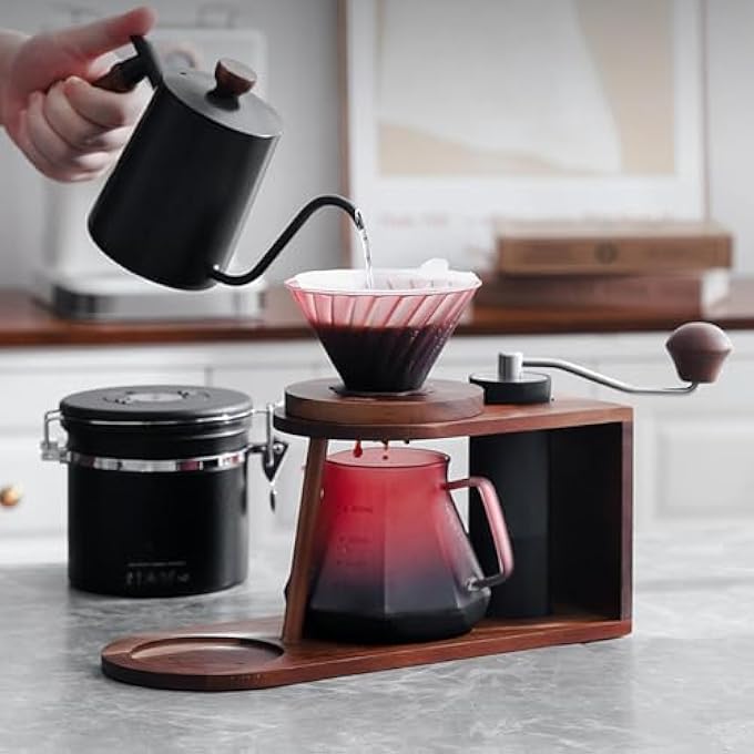 كاست ويف مجموعة ماكينة تحضير القهوة من البورسليكات مع مقبض أنيق من خشب الجوز وغطاء زجاجي يتضمن 50 فلترًا ورقيًا V60 للتخمير - Image 5