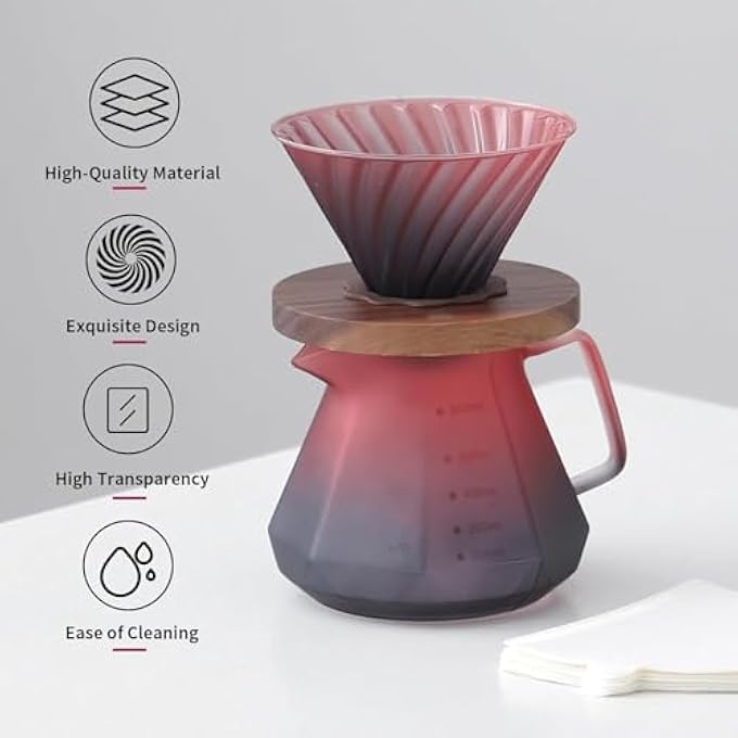 كاست ويف مجموعة ماكينة تحضير القهوة من البورسليكات مع مقبض أنيق من خشب الجوز وغطاء زجاجي يتضمن 50 فلترًا ورقيًا V60 للتخمير - Image 3